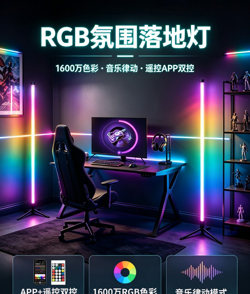 RGB幻彩LED落地灯 电竞游戏房智能氛围灯 APP遥控t-c充电口
